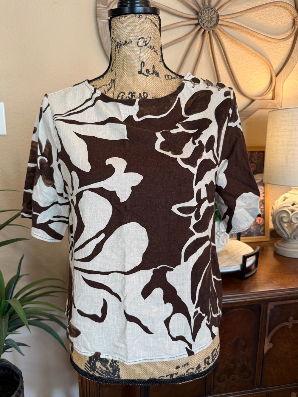 Rachel Zoe Women's Short Sleeve Floral Print Top - Brown & Cream-Linen Blend